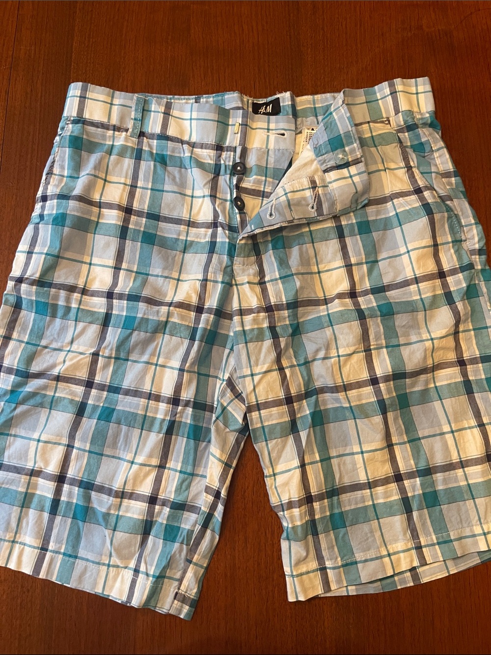 H&M Men's Teal and White Plaid Cargo Shorts